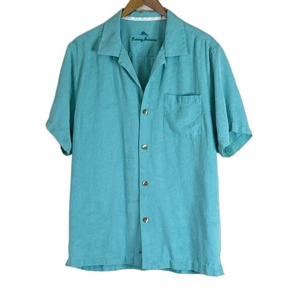 Tommy Bahama Mens Blue 100% Silk Aqua Blue Original Fit Palm Tree Fish Shirt Med - Picture 1 of 7
